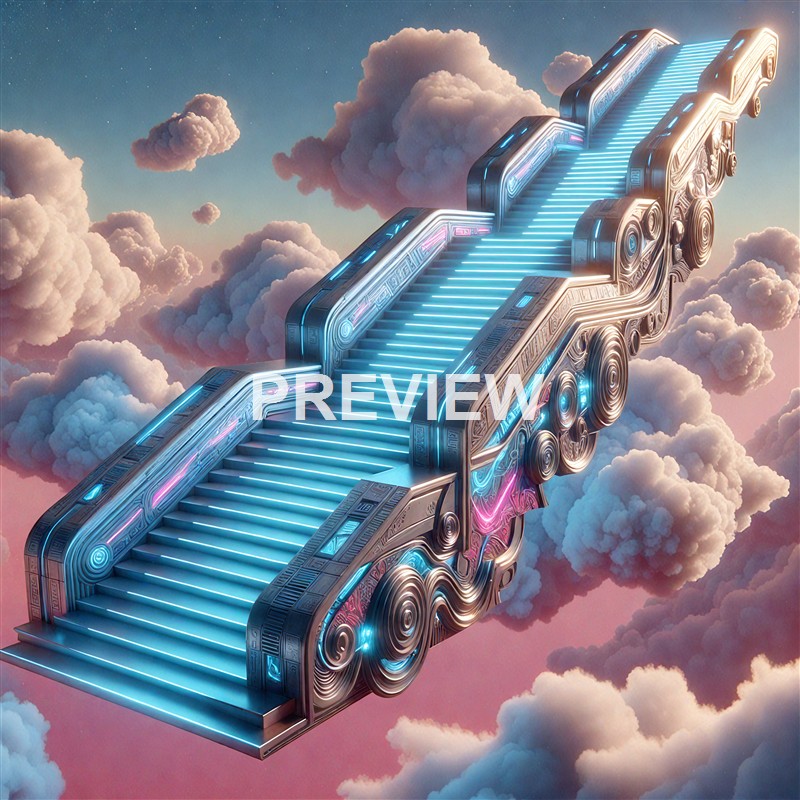 A futuristic, glowing staircase with intricate, metallic carvings ascending through a sky filled with fluffy pink and purple clouds.